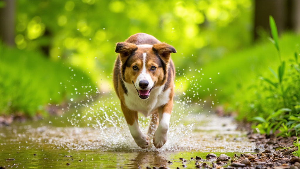 An Australian Shepherd leaping over a small stream in a lush green forest with determination in its eyes and sunlight filtering through the trees, creating splashing water droplets.