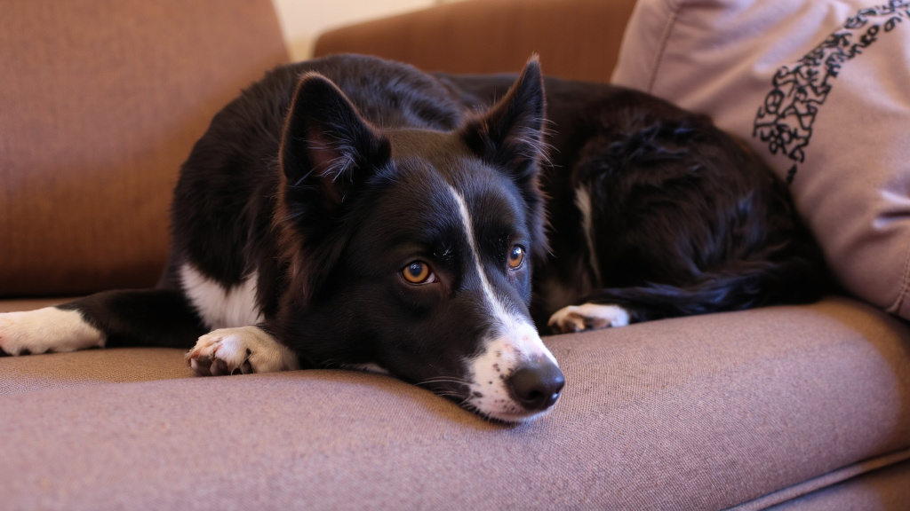 Border collie lying on a couch with a gentle expression as an owner inserts a rectal thermometer