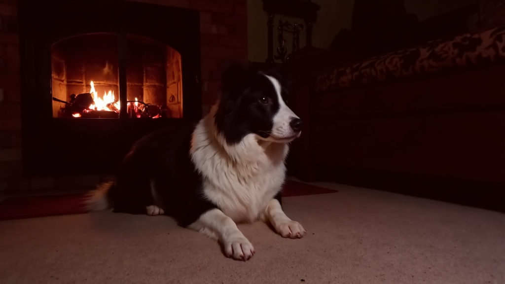 Border collie sitting obediently near a lit fireplace, gazing attentively at its owner in a cozy living room.