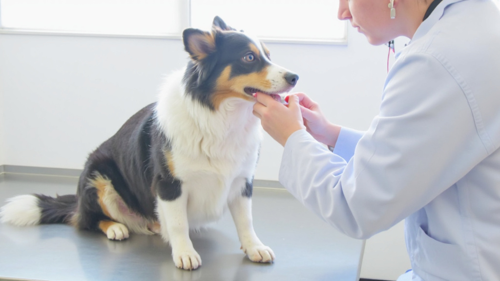 A border collie sitting calmly on an examination table while a veterinarian administers oral deworming medication in a bright veterinary office.