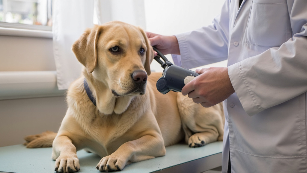 Close-up of a calm Labrador Retriever sitting patiently while a veterinarian measures its blood pressure with a cuff