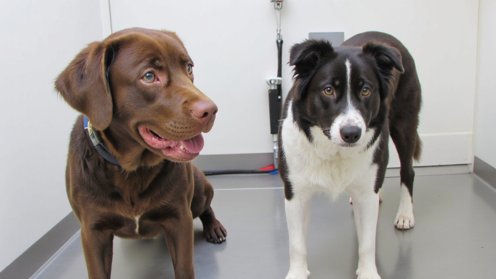 Side-by-side comparison of a calm dog and an anxious dog in a veterinary clinic examination room, highlighting differences in breathing.