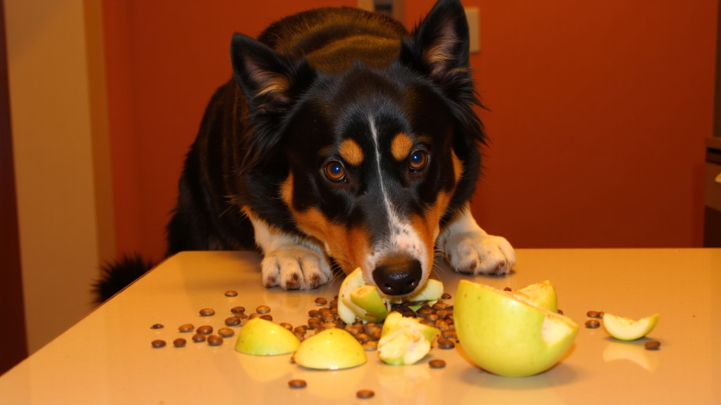 Concerned-looking Border Collie sniffing at discarded apple cores and seeds on a kitchen counter