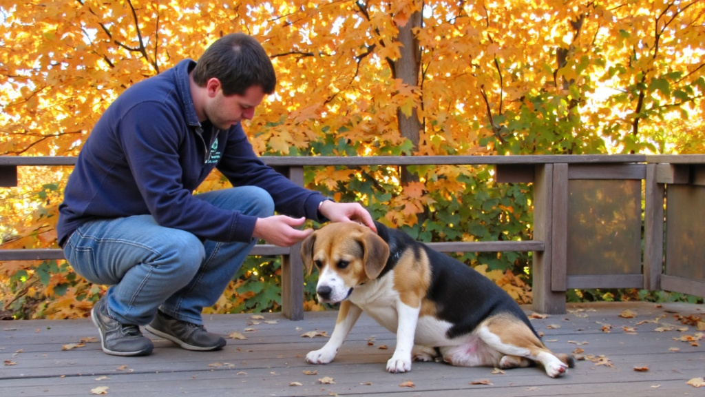 A concerned owner comforting a lethargic beagle on a porch with autumn scenery in the background and warm evening light.