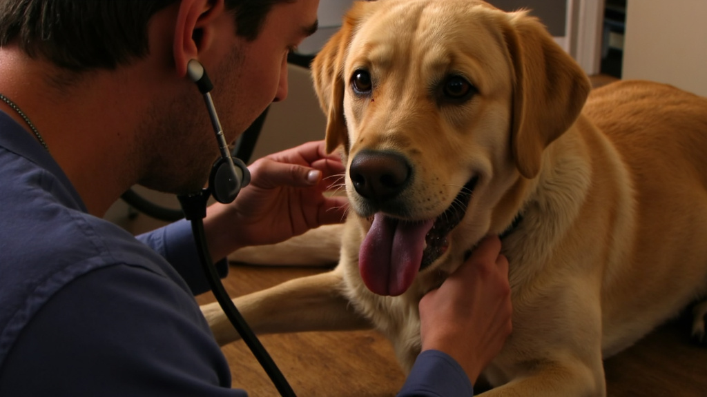 Owner listens to a panting Labrador's chest with a stethoscope in a warm indoor setting, focusing on the dog's expression.