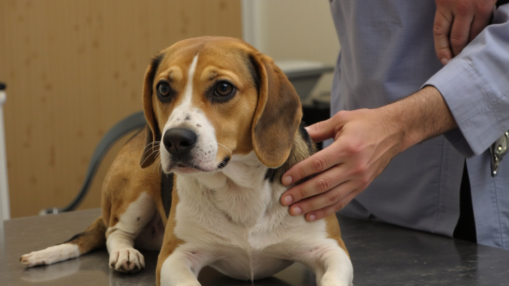 Concerned owner gently petting a visibly unwell beagle at a veterinary clinic with a stethoscope in the background and warm indoor lighting.