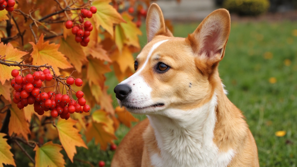 Close-up of a corgi looking cautiously at red autumn berries on a bush with a blurred garden background and natural lighting.