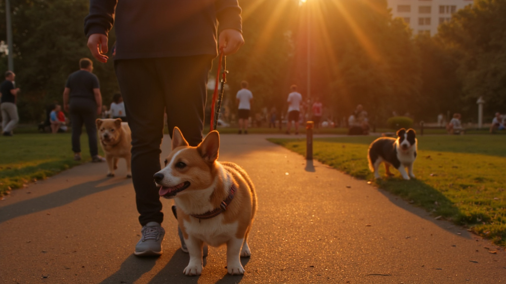 Corgi on an evening walk in a city park with sunset lighting, a leash taut, and owner’s legs visible.