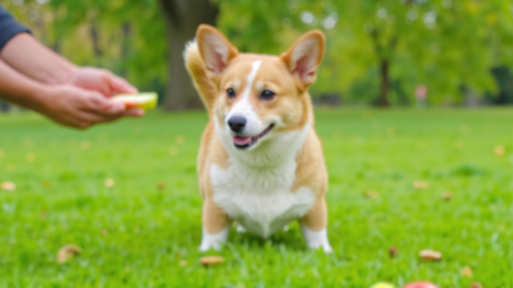 Corgi eagerly taking a small apple slice from owner's hand in a sunny park with other healthy dog treats visible nearby and a bokeh effect.