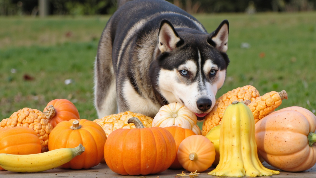 A curious husky sniffing colorful squash on a wooden table outdoors