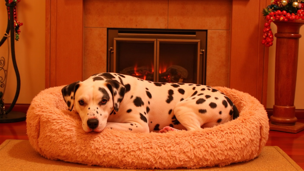 A dalmatian relaxing on a plush dog bed near a fireplace with holiday decorations.