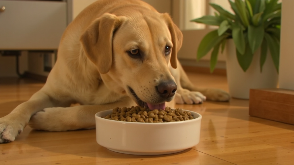 Split image showing an elderly dog's brain scan indicating atrophy and a healthy dog eating brain-boosting foods.