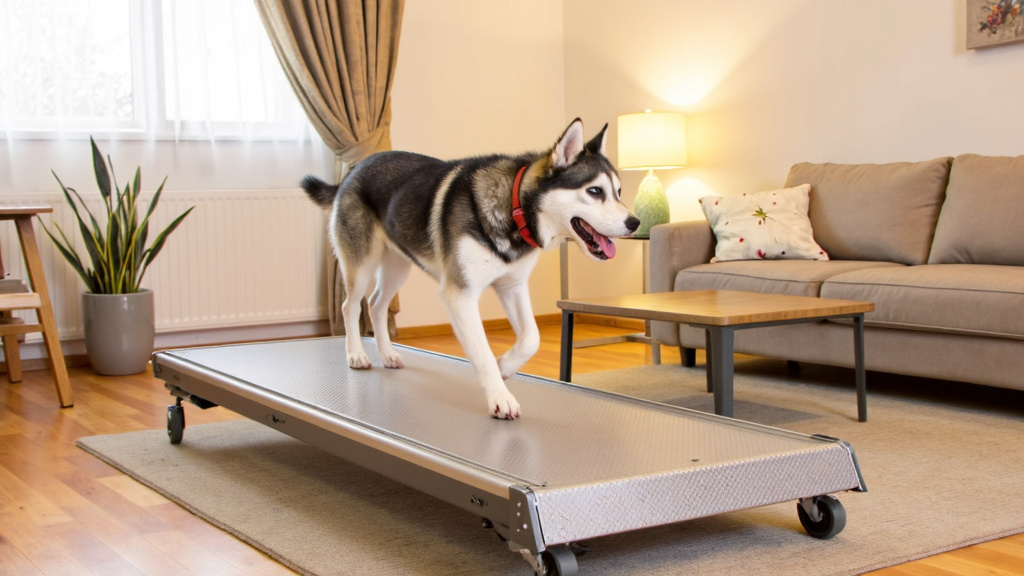 Energetic husky running on an indoor dog treadmill in a modern living room