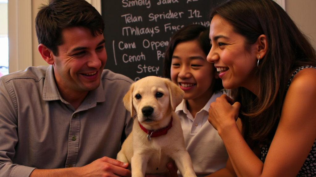 A family gathered around a new puppy while discussing name options on a chalkboard in a warm living room setting.