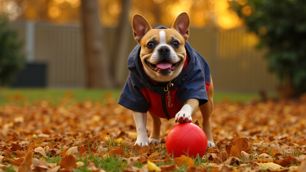French bulldog happily playing with a red ball in a leaf-covered backyard during golden hour, wearing a lightweight protective jacket.