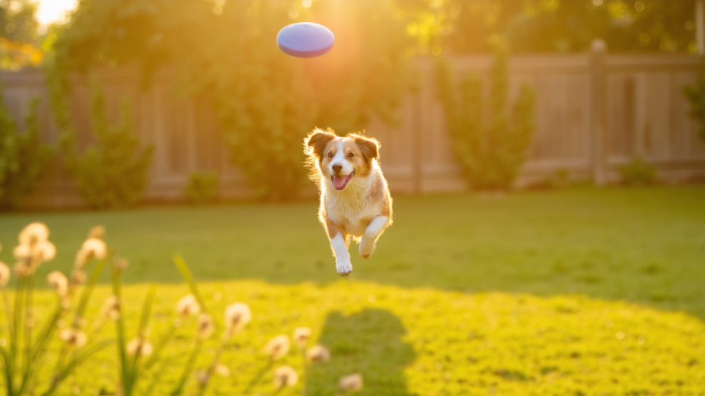 A happy Australian Shepherd mid-frisbee catch in a backyard with a wagging tail and vibrant fur, captured during golden hour with blurred flowers in the foreground.