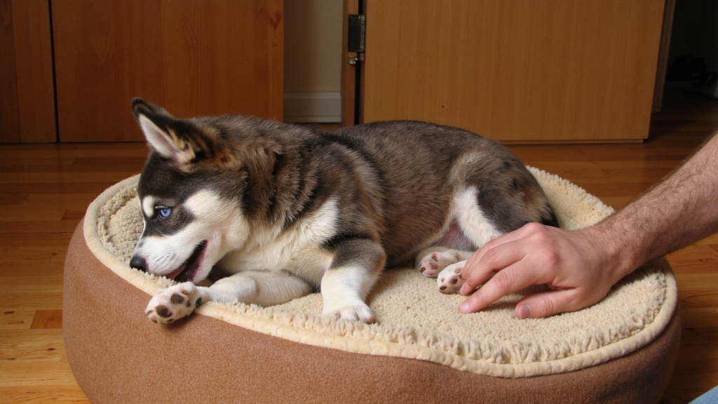 Husky puppy with a bloated belly lying on a plush dog bed, looking uncomfortable with a concerned owner's hand petting it.