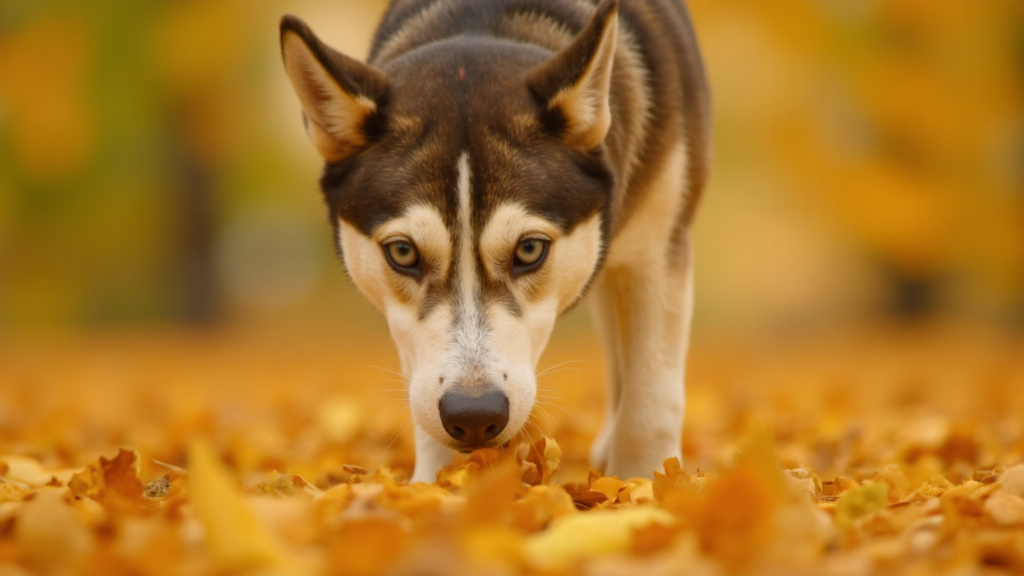 Close-up of a husky sniffing fallen leaves in a park with pollen particles visible in the air and soft autumn light.
