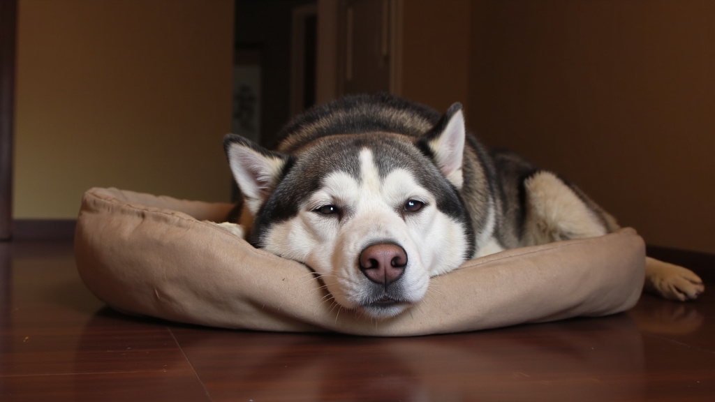 Close-up of a lethargic husky lying on a dog bed with droopy eyes in soft focus