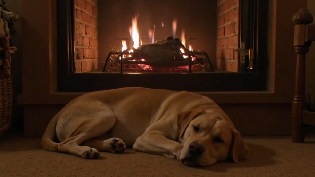 A Labrador Retriever peacefully sleeping by a child-gated fireplace with a family visible in the background in soft evening light.