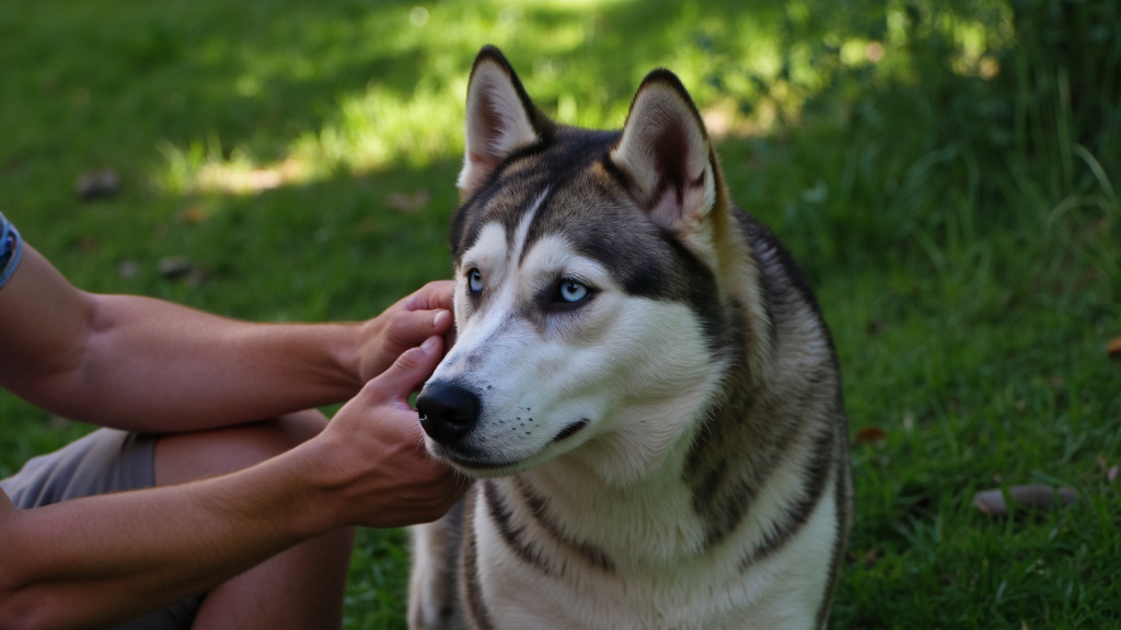 Owner gently petting and examining the coat of a husky during a grooming session outdoors with dappled sunlight filtering through the trees.