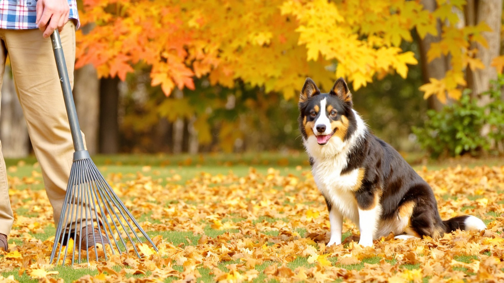 Owner raking fallen acorns in backyard while a border collie watches attentively in autumn colors and late afternoon light.