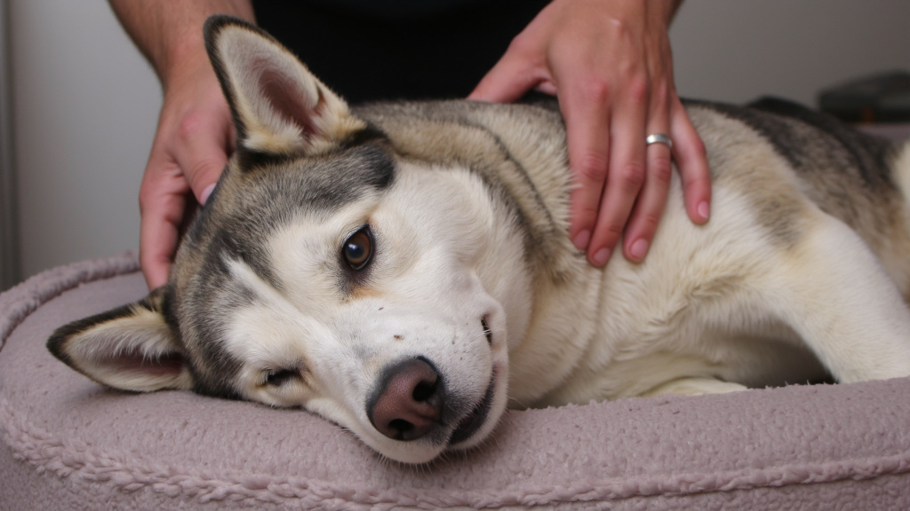 Close-up of a relaxed husky lying on its side on a plush dog bed, with human hands gently massaging its shoulders in soft indoor lighting.