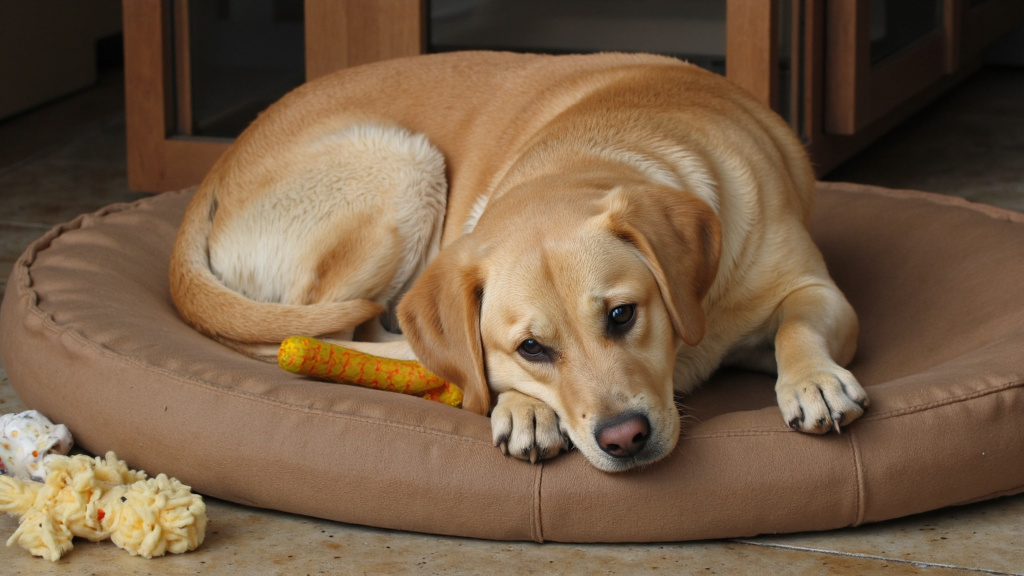 Once-active senior dog lying listlessly on a dog bed, ignoring nearby toys.