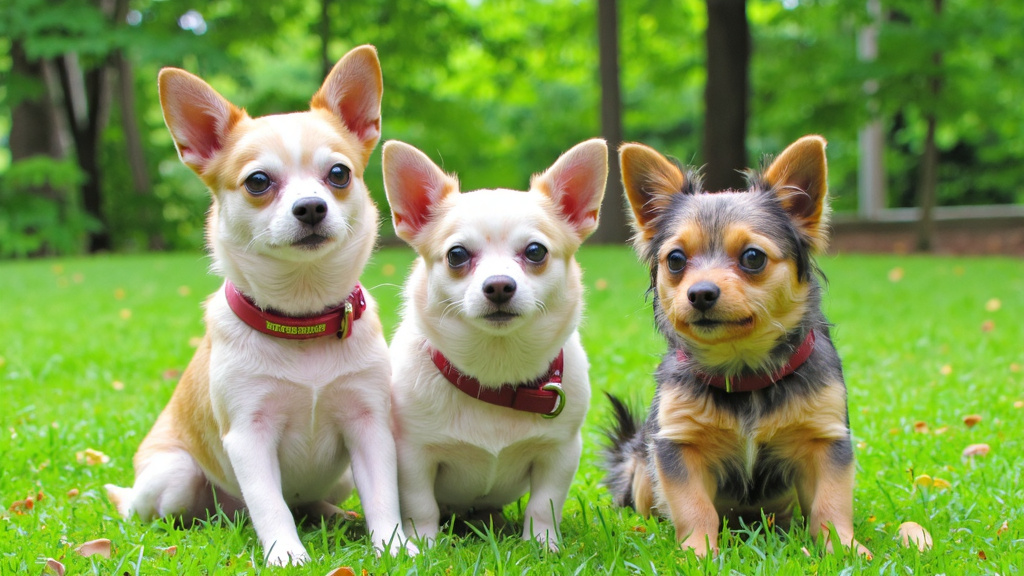 Array of small dog breeds including Chihuahua, Pomeranian, and Yorkshire Terrier wearing personalized collars with breed-specific names.