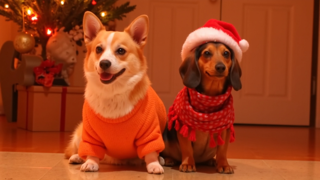 A smiling corgi in a pumpkin costume sitting next to a dachshund in a Santa outfit with festive decorations in the background.
