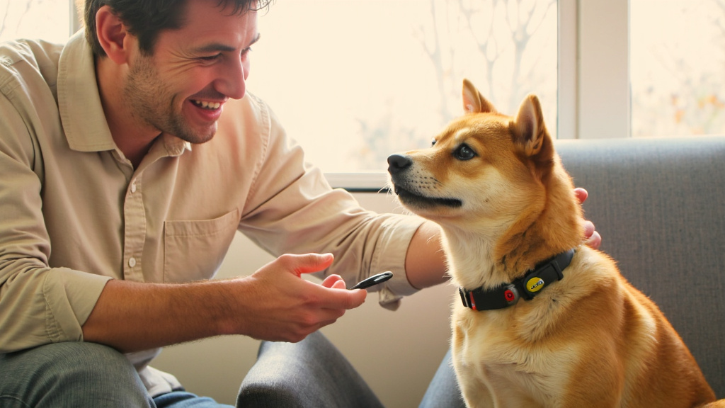 Smiling owner using a smart pet health monitor on a curious Shiba Inu in a modern living room