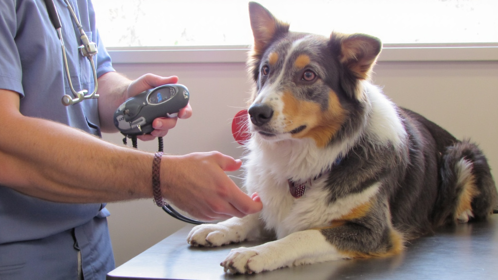 Veterinarian gently holding a Border Collie's paw while using a dog-specific blood pressure monitor in a sterile exam room.