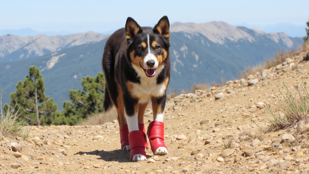 Australian Shepherd on a Rocky Trail Australian shepherd wearing bright red dog boots walking on a rocky trail with mountains in the background.