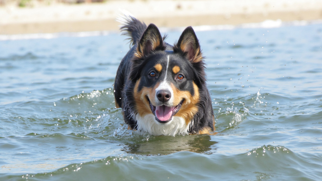 Australian shepherd swimming confidently in ocean waves with beach and horizon visible