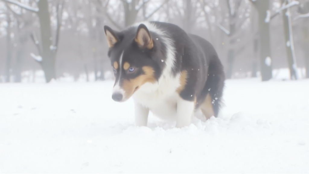 Border Collie in Snow Border collie lifting paw out of snow with ears pulled back on an overcast winter day in a park.
