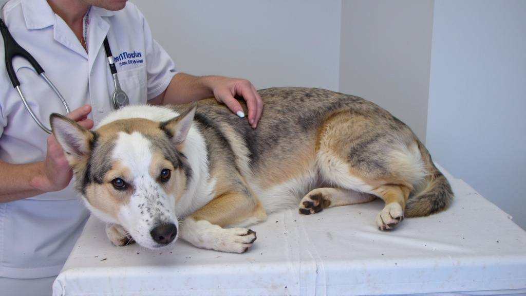Border Collie at Vet Clinic Border collie lying on an examination table as a veterinarian applies topical cream to small bumps on its side.