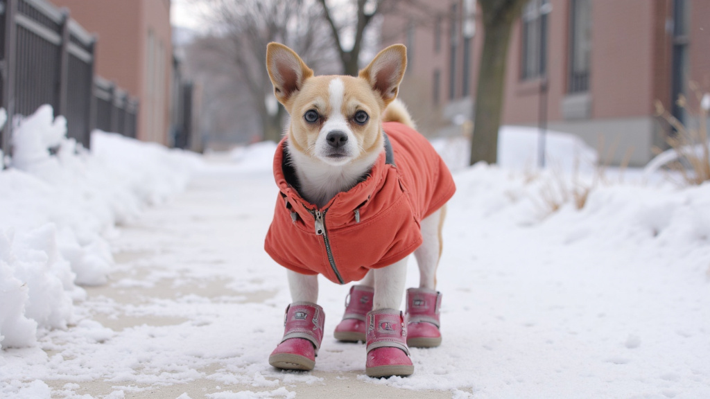 Chihuahua in Winter Gear on Icy Sidewalk Chihuahua wearing a fitted winter coat and booties standing on an icy sidewalk with visible breath in cold air.