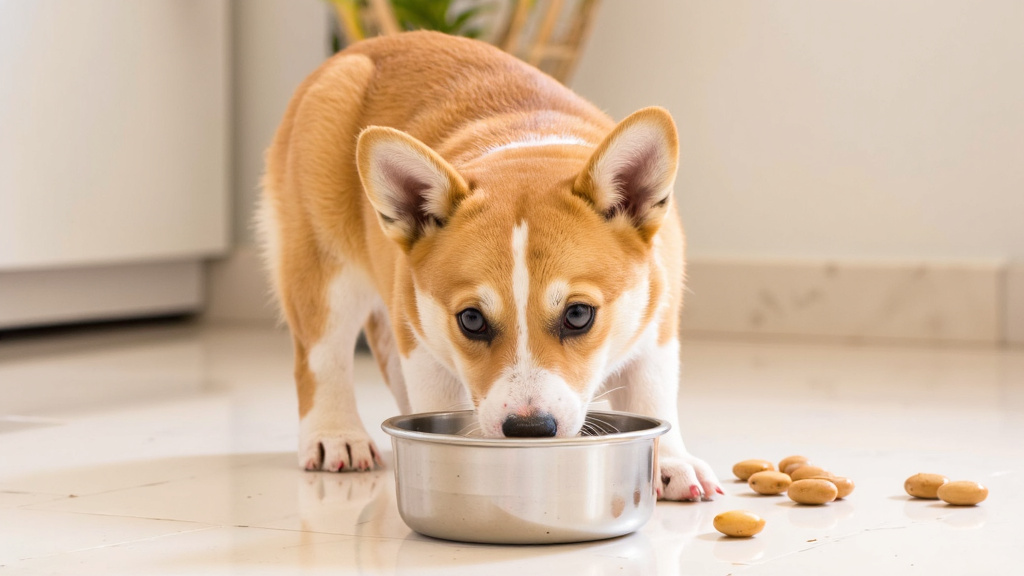 Corgi puppy eating from a measured food bowl with healthy supplements nearby in a bright kitchen