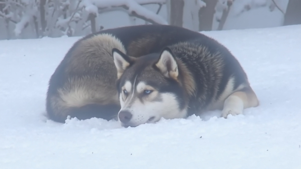 Husky Dog in Snow Husky dog shivering and curled up in snow with visible breath and a concerned expression in muted winter lighting