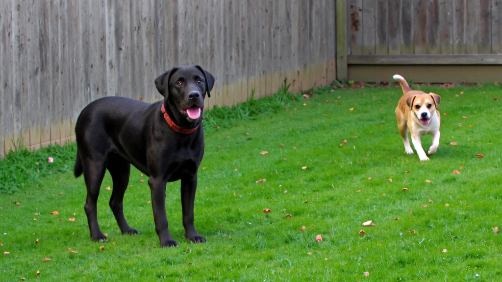 A side-by-side image showing a labrador near a wooden fence and a beagle in an open yard, illustrating the contrast between confined and free movement.
