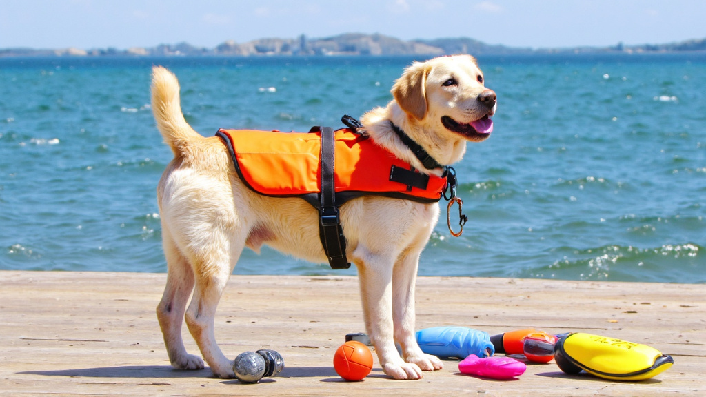 Labrador wearing a bright orange life jacket standing on a dock with swimming toys and safety gear nearby on a sunny day.