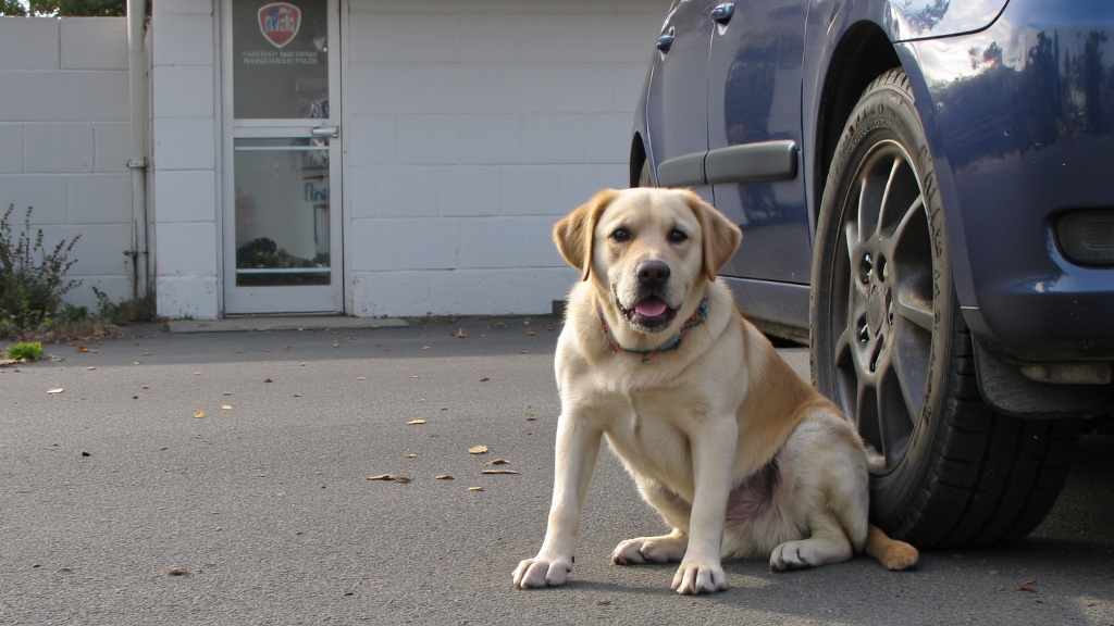 A large breed dog like a Labrador Retriever sitting hesitantly near a car, looking uncomfortable, with a blurred veterinary clinic background.