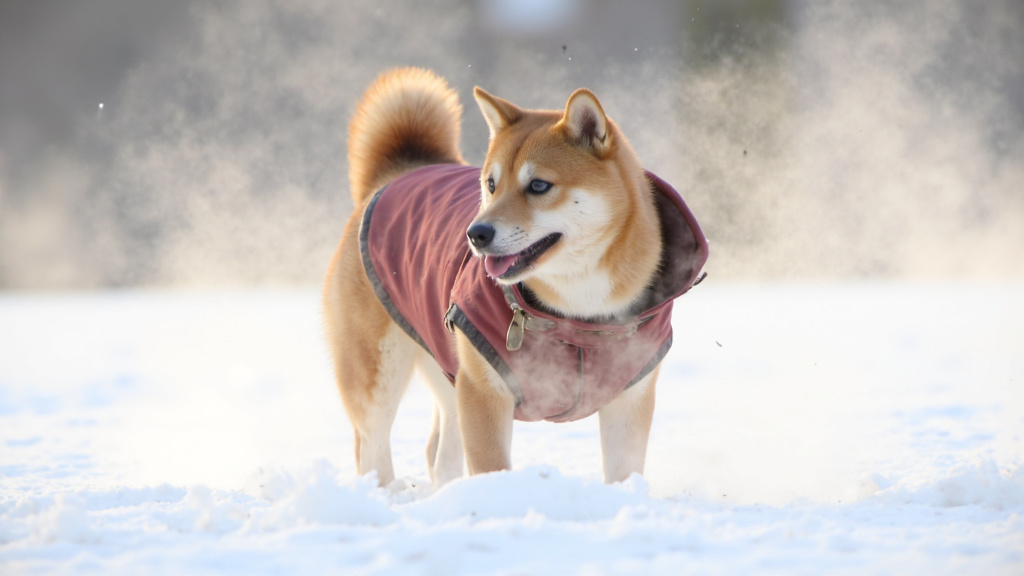 Shiba Inu in Winter Coat A shiba inu wearing a fitted winter dog coat walks through light snow with steam rising from its breath, illuminated by late afternoon winter sunlight.