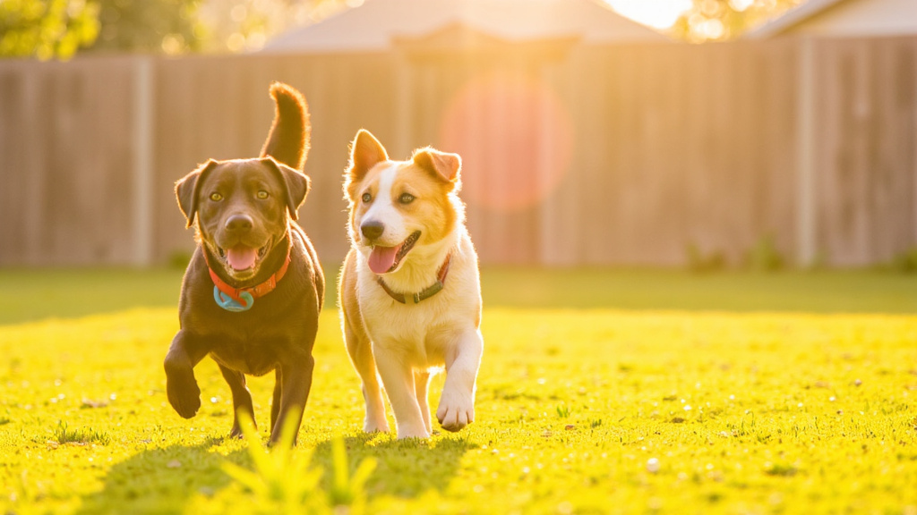 Three dogs of different breeds wearing matching Halo collars, playing together in a spacious unfenced backyard under late afternoon sunlight.