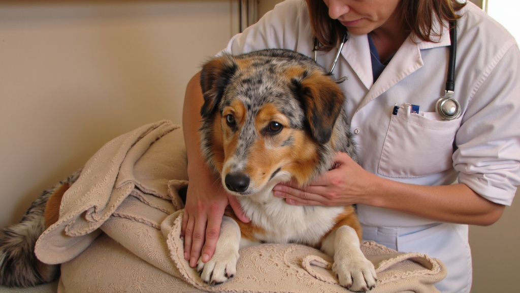 Caring Veterinarian with Australian Shepherd Veterinarian comforting a trembling Australian shepherd wrapped in warm blankets in a softly lit indoor clinic setting.