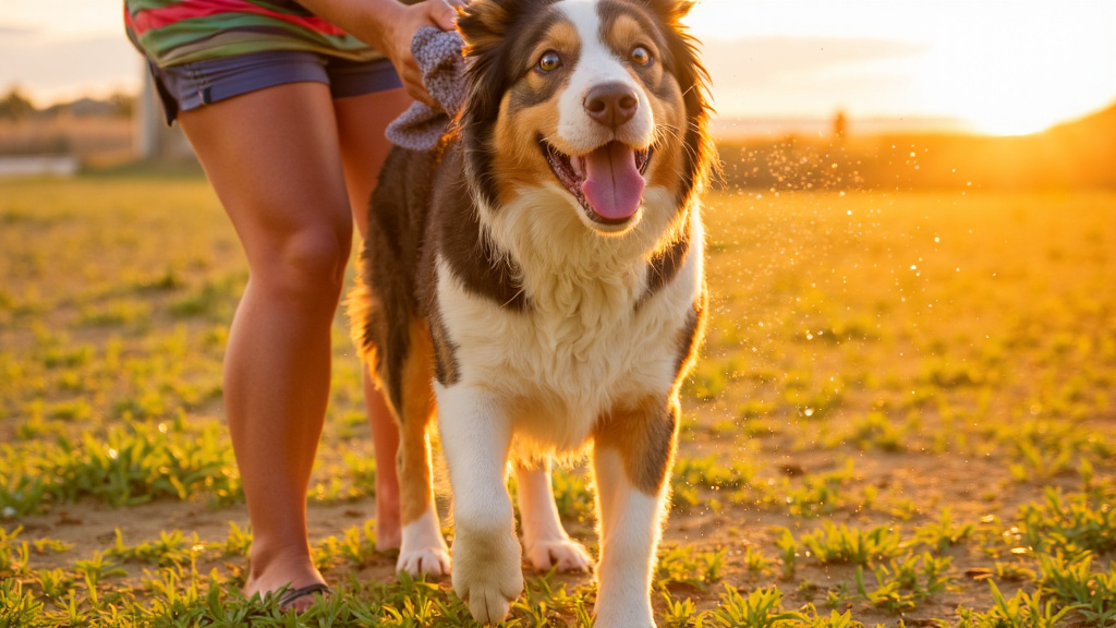 A wet border collie being towel-dried by its owner on a grassy shore, shaking water droplets in mid-air under warm sunset lighting.