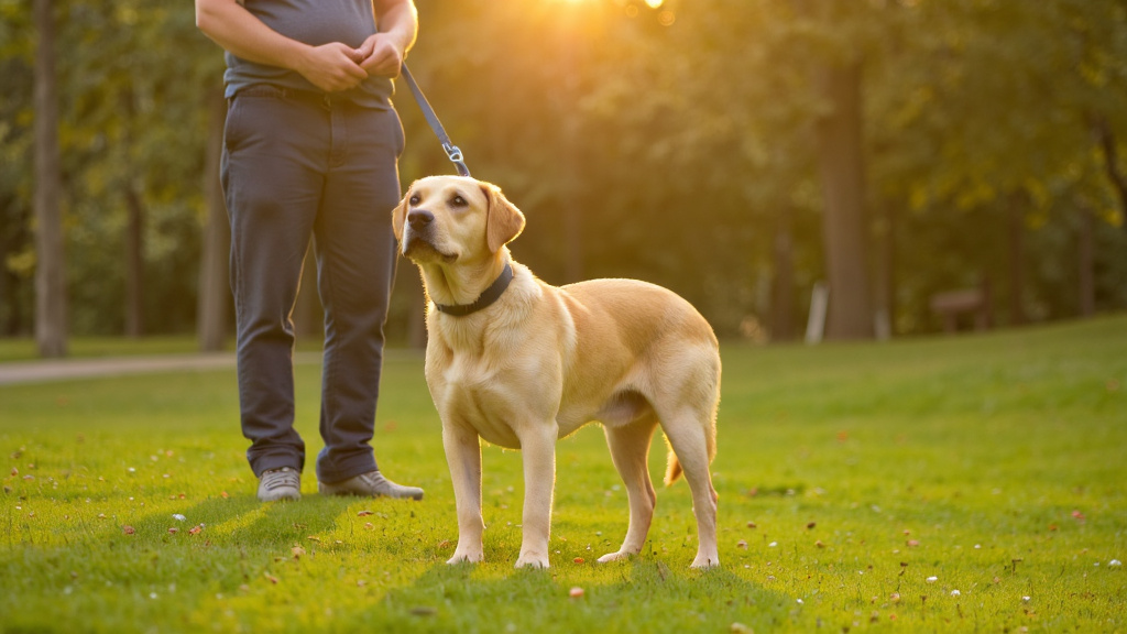 Athletic dog on a leash in a park during golden hour, owner calmly holding a training collar while the alert but controlled dog watches a distant squirrel; shallow depth of field and warm natural light.
