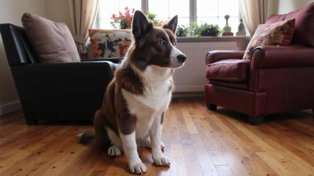 Attentive Border Collie by Window Border Collie sitting alert in a living room, ears perked and looking toward a window with a focused expression in natural indoor light.
