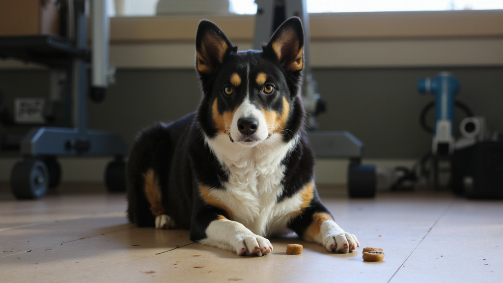 Black-and-white border collie sitting attentively in a sit-stay position indoors, focused on nearby treats in a softly lit training space.