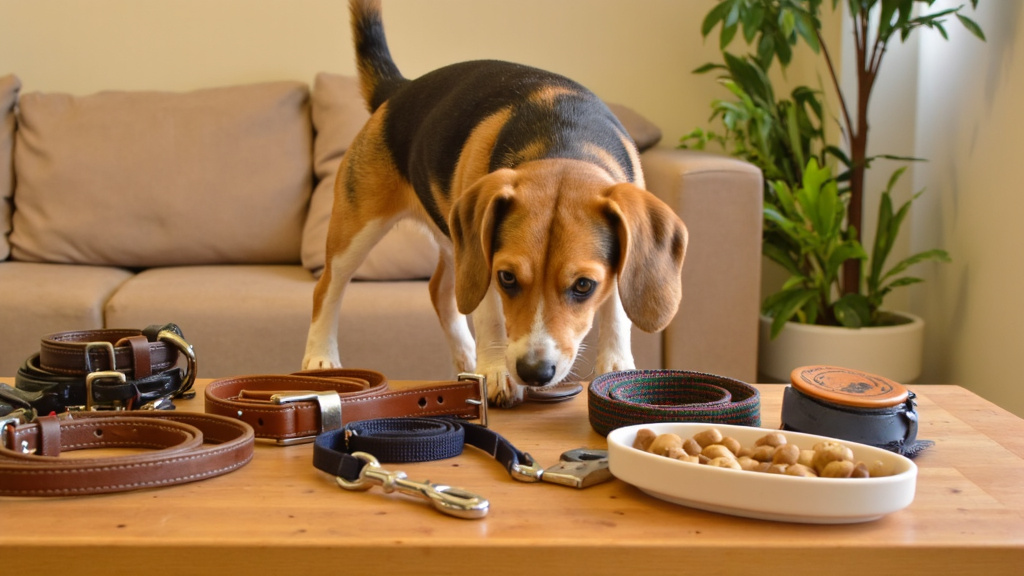 Beagle Sniffing Dog Training Gear Curious beagle sniffing a variety of dog training gear—collars, leashes, and treats—laid out on a wooden table under warm indoor lighting.